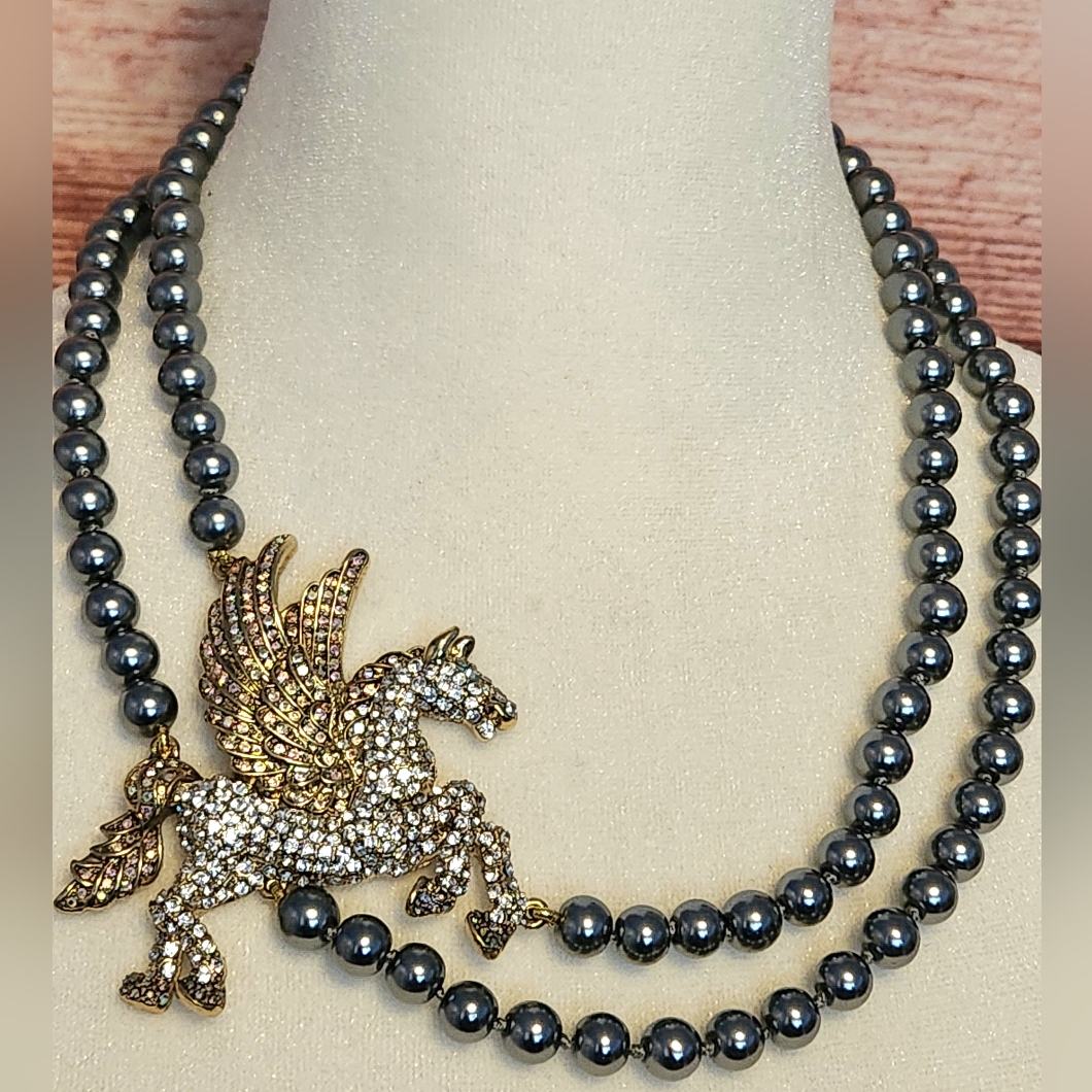 Heidi Daus Enchanted Pegasus 2-Strand Gray Pearl Necklace W Omega Earrings 298$
